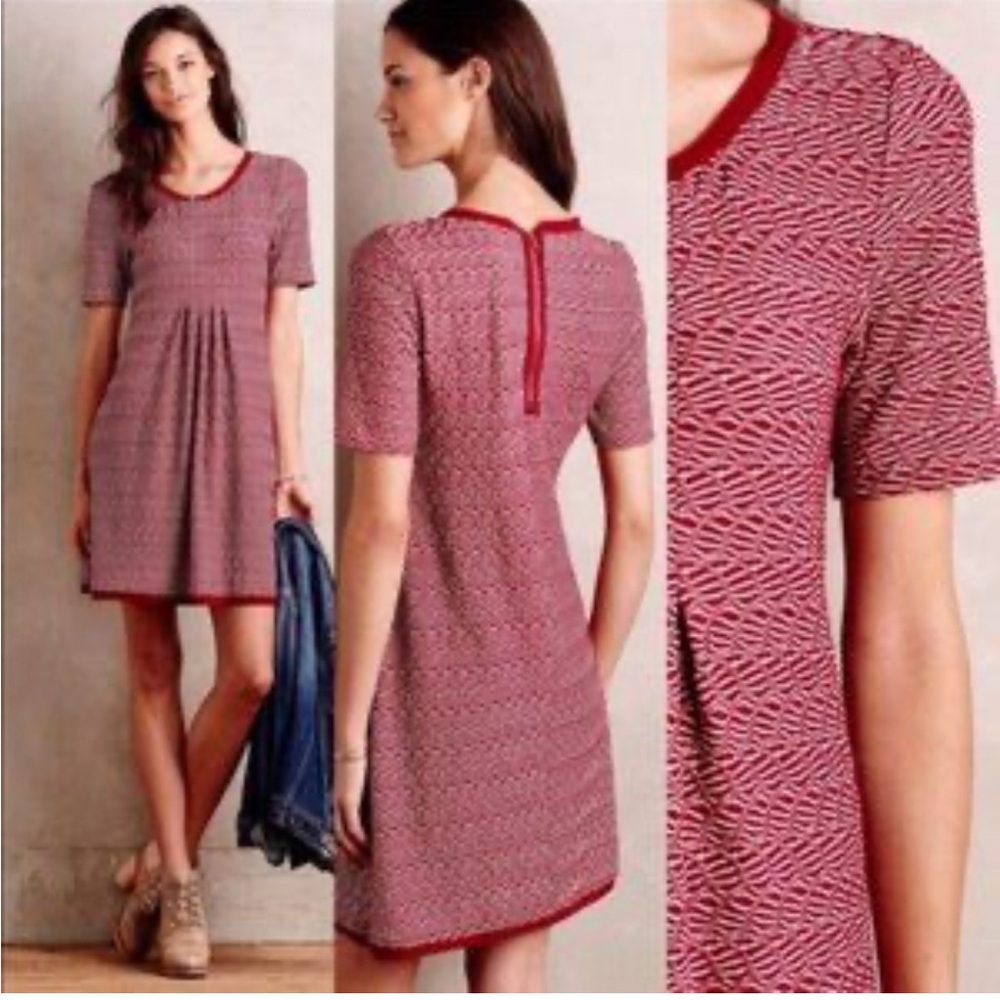 Maeve Anthropologie Red and White textured Patterned Above the Knee Dress Small
